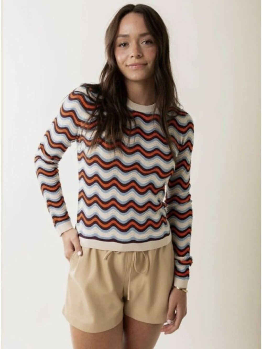 Love the Label Serafina Knit Tee Textured Retro Wave Pattern Multi Size S